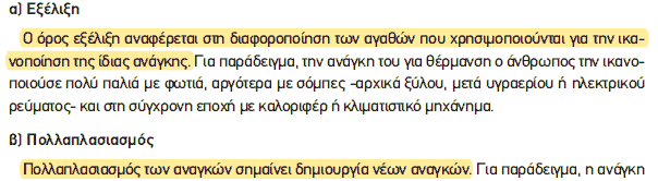Απόσπασμα σχολικού βιβλίου ΑΟΘ, σελ. 10: εξέλιξη και πολλαπλασιασμός των αναγκών.
