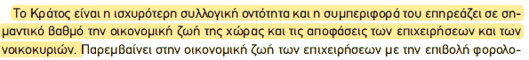 Απόσπασμα σχολικού βιβλίου ΑΟΘ, σελ. 15: η συμπεριφορά του Κράτους επηρεάζει την οικονομική ζωή.