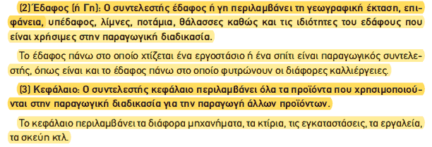 Απόσπασμα σχολικού βιβλίου ΑΟΘ, σελ. 16: οι συντελεστές έδαφος και κεφάλαιο.