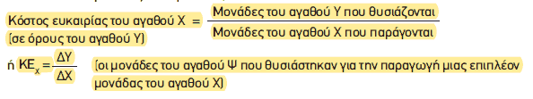 Απόσπασμα σχολικού βιβλίου ΑΟΘ, σελ. 21: τύπος του κόστους ευκαιρίας του αγαθού Χ.